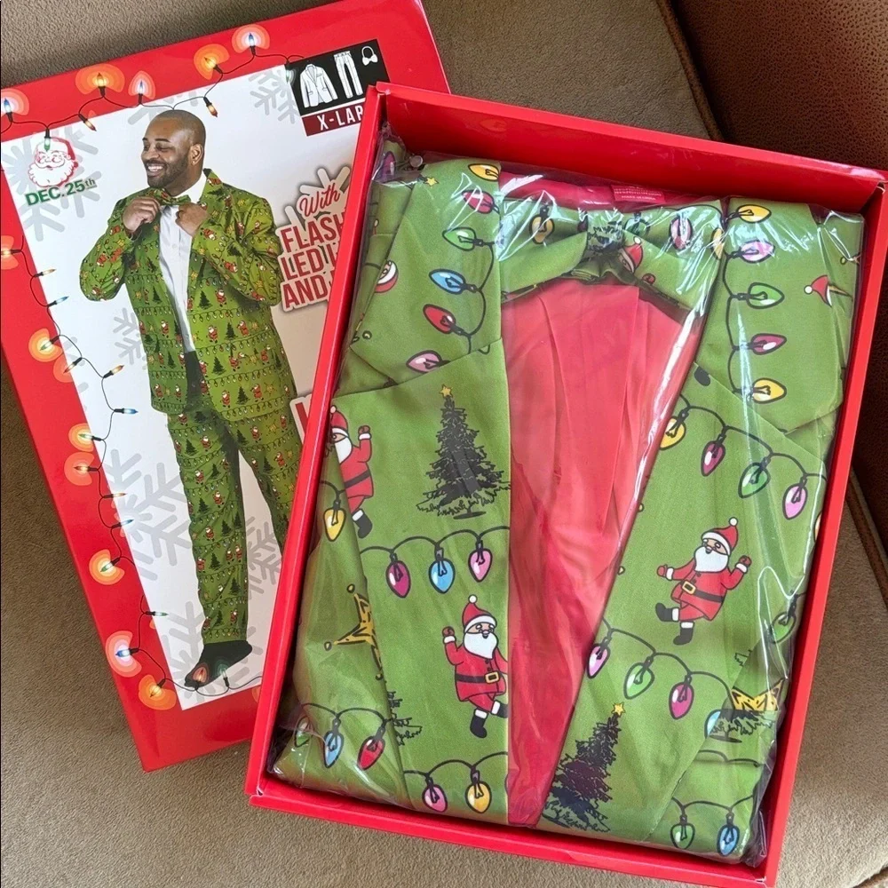 Brand New Dec 25th Men's Holiday 3-Piece LED Light Up Suit Set Christmas Green
